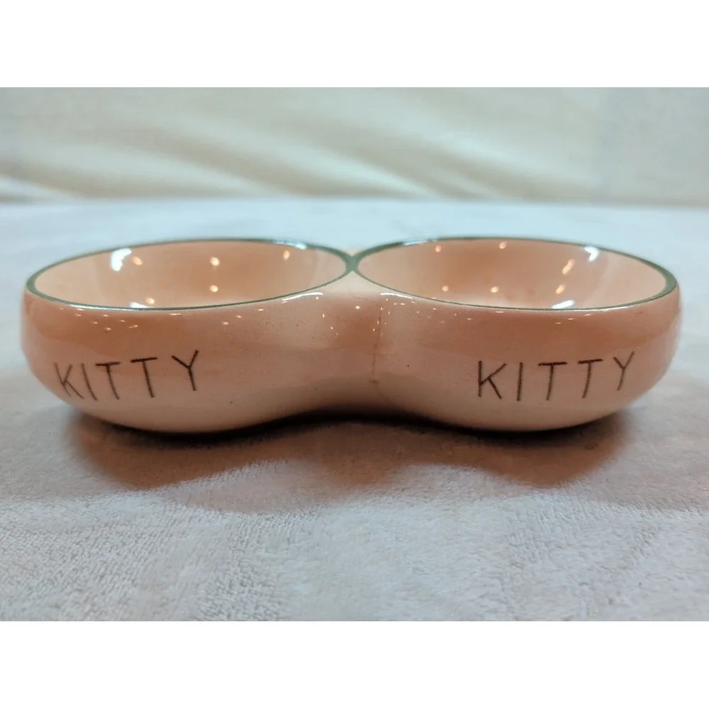 Vintage Ceramic Double Kitty Cat Bowl Pink Green Trim Mid Century Pet Dish 8.5